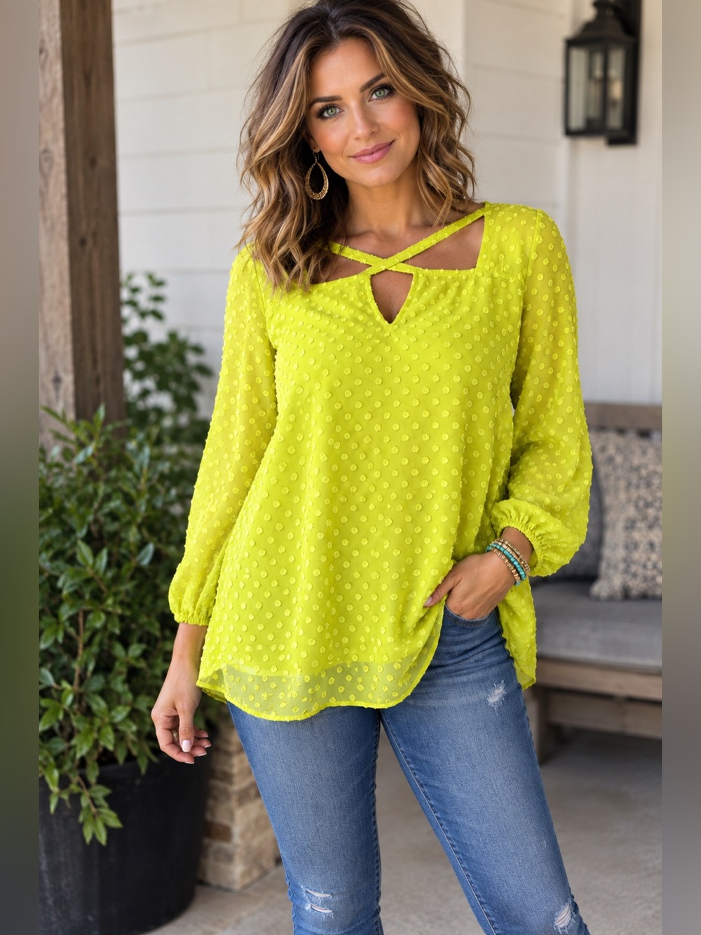 Cato Dot-Textured Blouse with Crisscross Keyhole